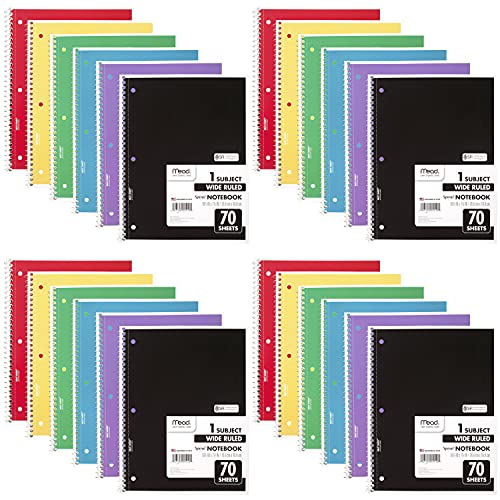 Mead Spiral Notebook, 24 Pack, 1 Subject, Wide Ruled Paper, 7-1/2" x 10-1/2", 70 Sheets per Notebook, Colors Will Vary (930203-ECM25) - size: Pack of 24