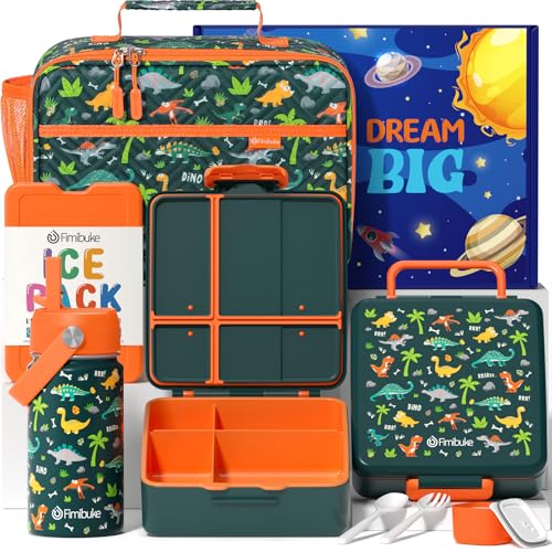 Fimibuke Kids Bento Lunch Box with 4 Compartments, Insulated lunch Bag, Stainless Steel Insulated Water Bottle, Ice Pack & Utensils Set, Birthday Gifts for Ages 3-12 Back to School Toddler Girls Boys - color: A6. Green Dinosaur