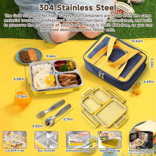 Stainless Steel Bento Lunch Box Set with Spoon, Fork & Insulated Lunch Bag, 25oz Leakproof Bento Box for Adults & Kids, Ideal for School, Home, Office, Picnic & Healthy meal prep containers (yellow) - color: Yellow