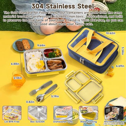 Stainless Steel Bento Lunch Box Set with Spoon, Fork & Insulated Lunch Bag, 25oz Leakproof Bento Box for Adults & Kids, Ideal for School, Home, Office, Picnic & Healthy meal prep containers (yellow) - color: Yellow