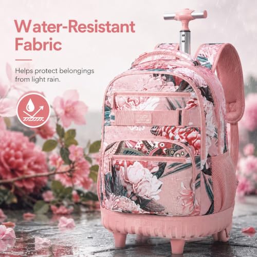 3Pcs Rolling Backpack for Girls Women, 19 Inche Adults Roller Bag with Wheels, Flower Wheeled Bookbag with Lunch Box(Pink) - color: Pink Flower