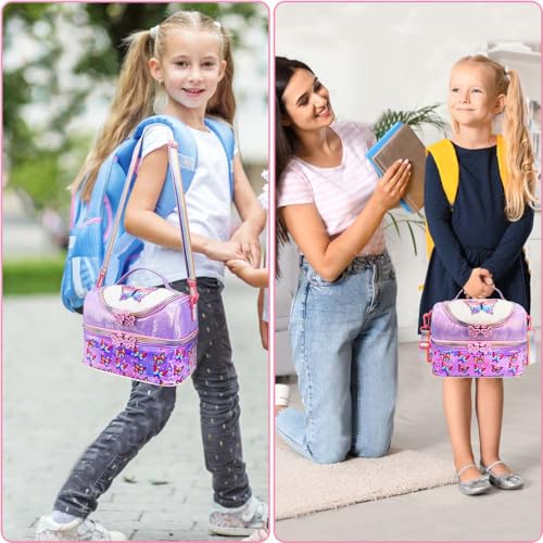 RHCPFOVR Kids Lunch Bag - Double - Decker Cooler Insulated Lunch Box for Boys Girls Women,Washable Lunch Bag with Strap and Reusable Toddler Lunchbox for School and Daycare - color: Purple Butterfly 1
