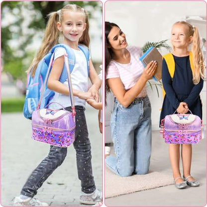 RHCPFOVR Kids Lunch Bag - Double - Decker Cooler Insulated Lunch Box for Boys Girls Women,Washable Lunch Bag with Strap and Reusable Toddler Lunchbox for School and Daycare - color: Purple Butterfly 1