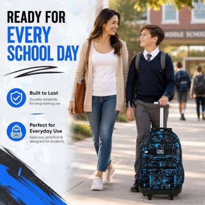 3Pcs Rolling Backpack for Boys Men, Travel Roller Backpacks with Wheels for Adults, Teens College Graffiti Wheeled Bookbag with Lunch Box(Blue) - color: Airbrush Blue