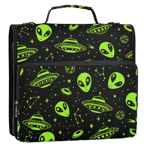 Zipper 3 Ring Binder Bag Alien Space Trippy Expanding File Portfolio Storage Organizer 2-Inch, 500 Sheets Multi-Pocket Shoulder Strap for School Office Kids Adults - color: Black Green Alien Space