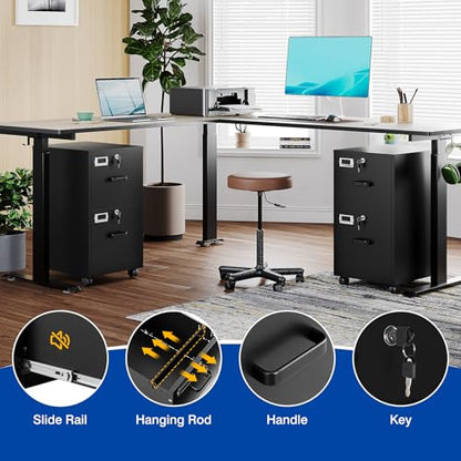 BYNSOE 2 Drawers File Cabinet with Lock Metal Vertical File Cabient with Wheels Mobile File Cabinet for Office Home Legal/Letter/a4 Size Require Assembly - color: Black, size: 2 Drawers-wheels