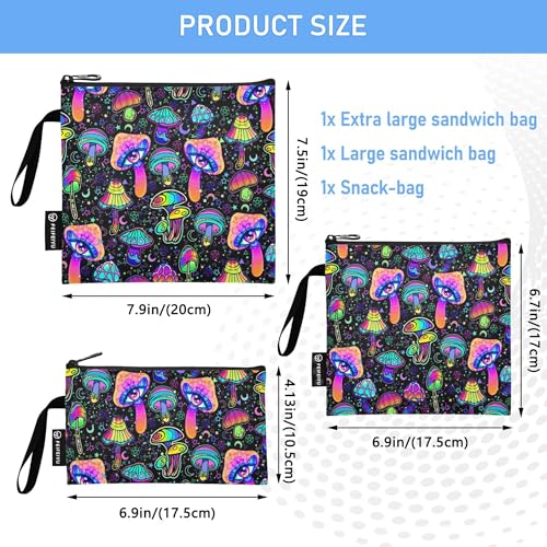 Reusable Food Storage Bags Magic Mushrooms 3 Pack Set Lunch Bag Compact Sandwich Snack Bag Small Medium Large for Lunch, Travel & Organization - color: Bag 25