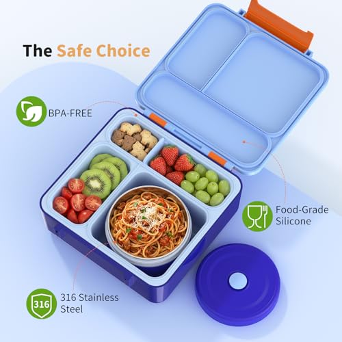Bento Box for Kids, Lunch Box with Sticker and Leak-Proof Vacuum Food Jar, 4 Compartment BPA-Free Toddler Bento Box for School, Machine-Washable and Removable Compartments for Boy(Blue) - color: Blue