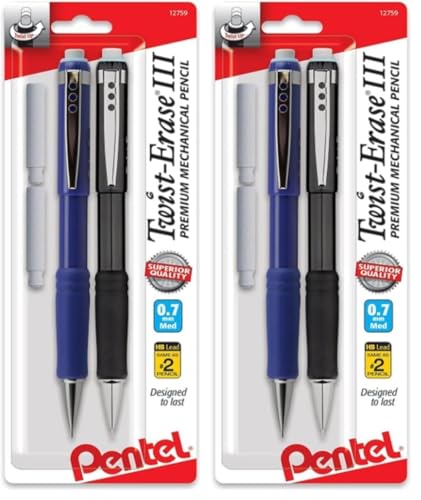 Pentel Twist-Erase III Mechanical Pencil,(0.7mm),Assorted Barrel Colors with Eraser Refills (QE517BP2),(Pack of 4) - size: 4 Pack