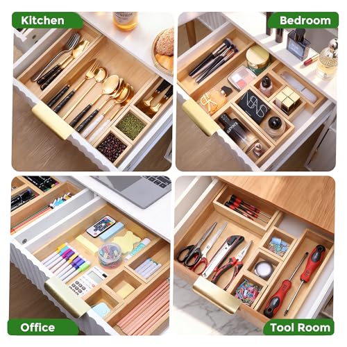 MapleGrace Bamboo Drawer Organizer Set, 14 PCS Wood Storage Organizers | Multi-Use Junk Drawer Divider, Storage Trays Containers for Kitchen, Bathroom, Office Desk, Makeup, Jewelry, Utensils - size: 14