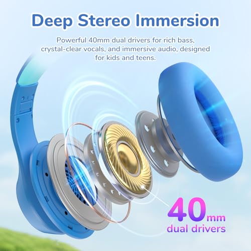 EarFun K4NC Active Noise Cancelling Headphones for Kids,120H Playtime Blue | 74/85/94dBA Volume Limited, Kids Bluetooth Headphones with Mic, Bluetooth 5.4 Stereo Sound Kid Headset for School/Home/Travel - color: Light Blue