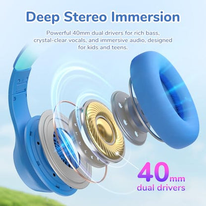 EarFun K4NC Active Noise Cancelling Headphones for Kids,120H Playtime Blue | 74/85/94dBA Volume Limited, Kids Bluetooth Headphones with Mic, Bluetooth 5.4 Stereo Sound Kid Headset for School/Home/Travel - color: Light Blue