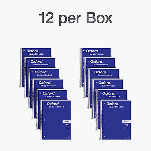 Oxford Spiral Notebook 12 Pack, Bulk College Ruled Spiral Notebooks for School, 1 Subject Journal For School, Wide Ruled Paper, 8 x 10-1/2 Inch, Blue Covers, 70 Perforated Lined Sheets (65218)