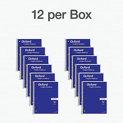 Oxford Spiral Notebook 12 Pack, Bulk College Ruled Spiral Notebooks for School, 1 Subject Journal For School, Wide Ruled Paper, 8 x 10-1/2 Inch, Blue Covers, 70 Perforated Lined Sheets (65218)