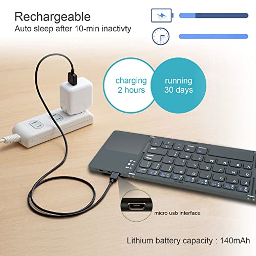 ROCK&ROWN Foldable Bluetooth Keyboard, Pocket Size Portable Wireless Keyboard with Touchpad for Mac OS,Android, Windows, Linux, PC, Tablet, with Rechargeable Li-ion Battery-Dark Gray