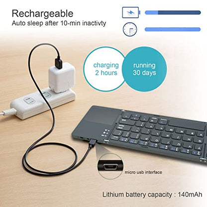 ROCK&ROWN Foldable Bluetooth Keyboard, Pocket Size Portable Wireless Keyboard with Touchpad for Mac OS,Android, Windows, Linux, PC, Tablet, with Rechargeable Li-ion Battery-Dark Gray