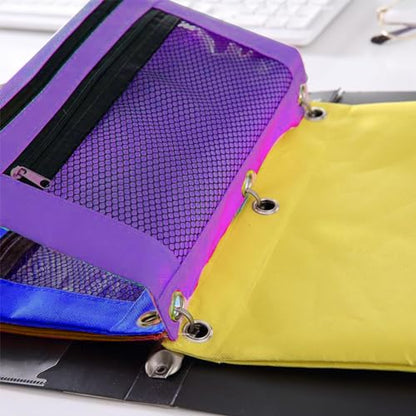 Kakalote Pencil Pouch for 3 Ring Binder, 6 pcs Binder Pencil Pouch, Zippered Double Pocket Pencil Pouch, with Clear Window and 3 Reinforced Grommets, 6 colors