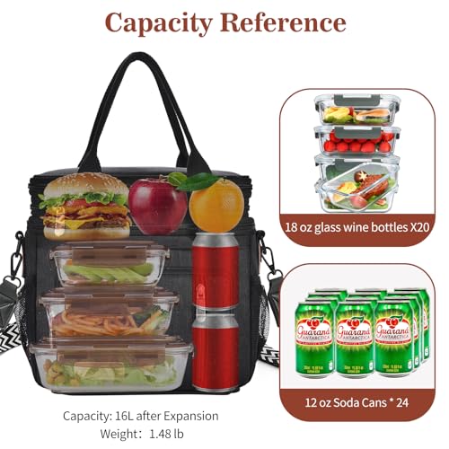 LOKASS Lunch Bag& Lunch Box for Men Women Double Deck,Large Insulated Adult Lunch Box Leakproof Lunchbox Cooler Bag for Work Picnic Beach,（Black,16L） - color: Black 2