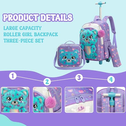 Meetbelify Rolling Backpack for Girls 3D Carton Backpack with Wheels for Elementary Student Kids Plush School Bag with Lunch Box Pencil Case for Girls Ages 6-8 Years Old - color: Blue