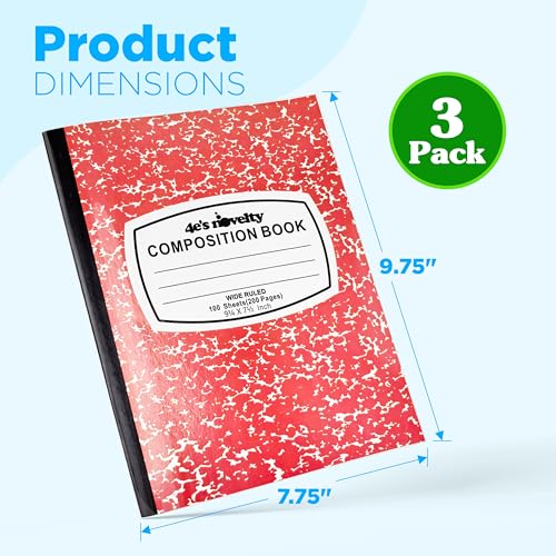 4E's Novelty Wide Ruled Composition Notebooks - Pack of 3-100 Sheets 9.75" x 7.5" - Hard Cover Red Blue Green Cute Marble Colors, Bulk Compositon Book Wide Ruling, Back to School Supplies - size: 3 Pack