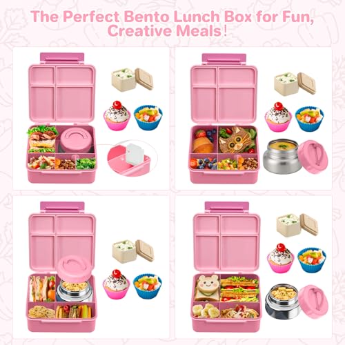 Bento Box for Kids Lunch box with Leak Proof Thermos Food Jar, Food Lunch Containers for Girls with 4 Compartments, Food Picks, Sauce Jar(Pink) - color: Pink