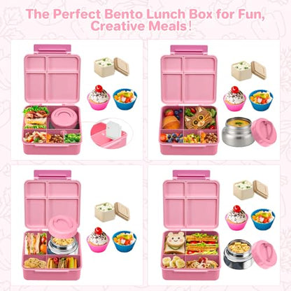 Bento Box for Kids Lunch box with Leak Proof Thermos Food Jar, Food Lunch Containers for Girls with 4 Compartments, Food Picks, Sauce Jar(Pink) - color: Pink