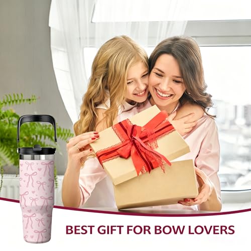 Pink Bow Tumbler 30oz with Handle – Stainless Steel Insulated Cup, Leakproof Water Bottle with Cute Bow Design for Women & Girls, Perfect Birthday Christmas Gift - color: Pink Bow, size: 30 Ounces