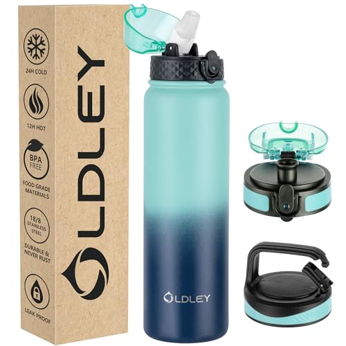 Oldley Insulated Water Bottle 32 oz Stainless Steel with Straw Lid/Chug Lid, Double Wall Vacuum Wide Mouth Sweat/Leak-Proof for Sports Gym Travel Camping (Caribbean Blue) - color: Caribbean Blue, size: 32 Ounces