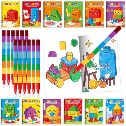 BenLouis 24 Building Block Mini Coloring Books Kids with 24 Stacking Crayons Geometric Shapes Party Favors Activity Books Bulk for Kids Building Goodie Bag Gift Stuffer Classroom Reward - style: Building Block