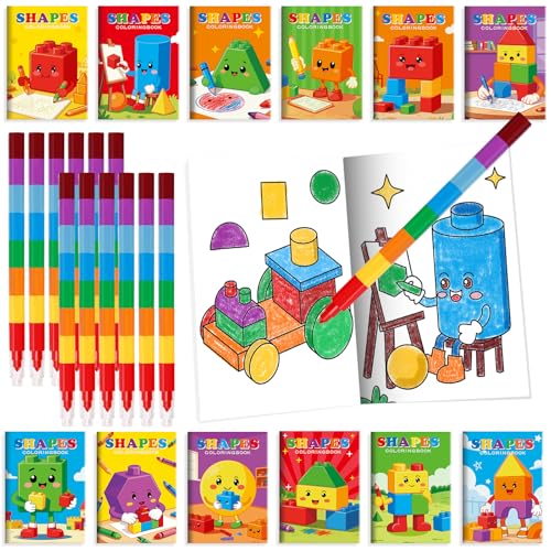 BenLouis 24 Building Block Mini Coloring Books Kids with 24 Stacking Crayons Geometric Shapes Party Favors Activity Books Bulk for Kids Building Goodie Bag Gift Stuffer Classroom Reward - style: Building Block
