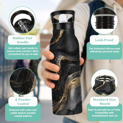 Water Bottles with Straw,Black Gold Marble Stainless Steel Cup Leak Resistant Double Wall Abstract Marble Insulated Water Bottle with Handle for Gym Cycling Hiking Office 20 oz - color: Black Gold Marble,Abstract Marble