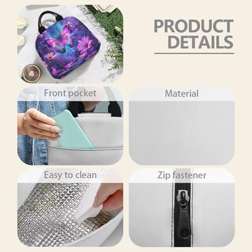 Purple Butterfly Lunch Bag Kids Thermal Picnic Cool Bags Leakproof Portable Lunch Box Large Thermal Cooler Bag for School Camping Picnic - color: Purple Butterfly Floral