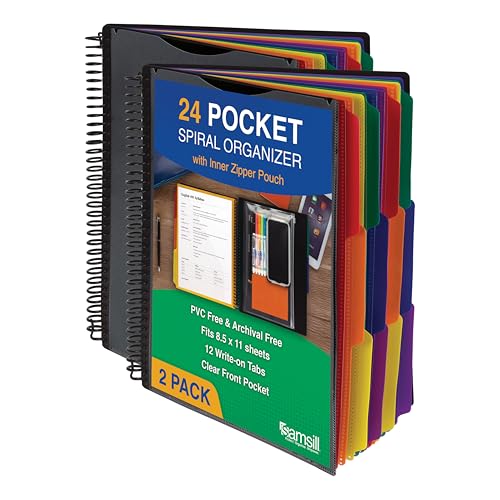 Samsill Spiral Folder Organizer (2-Pack) - 12 Dividers & 24 Pockets with Zipper Pouch, Multi Pocket Color Cordinated Folder Binder with Customizable Tabs, Document Organizer (Basic) - color: Classic, size: 2-Pack, style: 12 Dividers