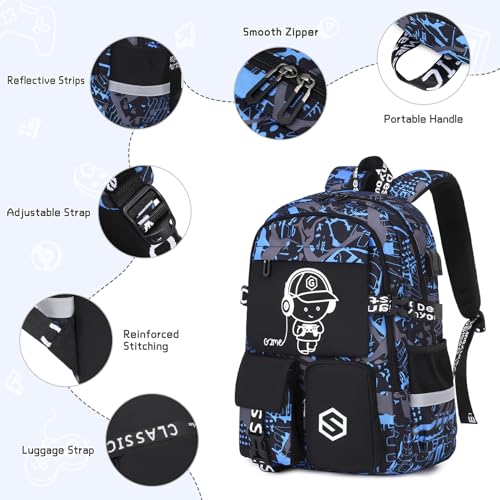 Scothen Boys Backpack, Cool Luminous School Backpacks for Boys with Lunch Bag Pencil Case, Kids Backpack Kindergarten Elementary Middle School Book Bags for Teen Boy Children with USB Charging Port - color: Blue Musicer