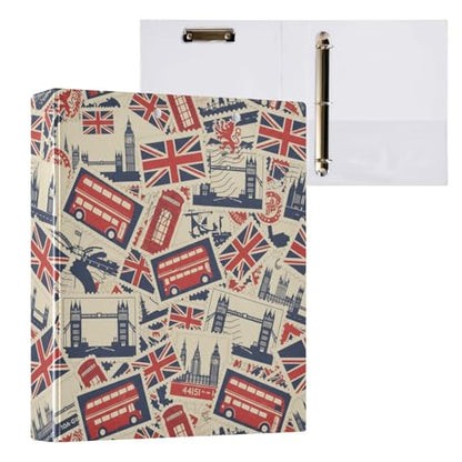 British Flag Beige Print 3 Ring Binder 1.5 Inch Binders 3 Ring Three Ring Binder Organizer with Clipboard & 3 Pockets Letter Size for Paper Work Recipes Office Supplies 1 Pack