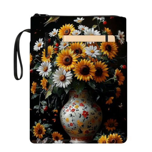 Padded Book Sleeve with Zipper & Front Pocket, Fabric Book Cover | Country Sunflower Daisy Vase11.4"x8.7" Washable Canvas Pouch for Hardcovers, Tablets & Reading Accessories - color: Country Sunflower Daisy Vase