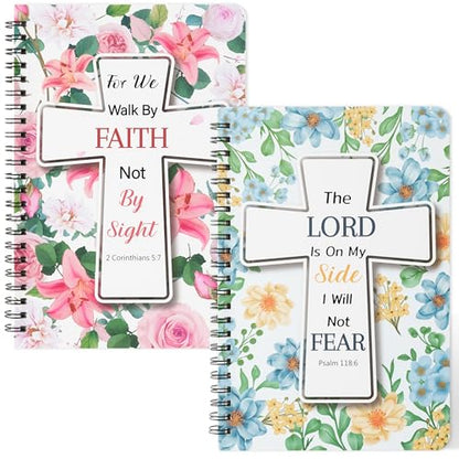 Xqumoi 2Pack A5 Floral Cross Religious Spiral Notebooks - Bible Verses Writing Notebooks, Ruled Lined Journal, Inspirational Christian Christmas Gift, Sunday School Supply (Pink & Blue) - style: D-Pink Blue Floral