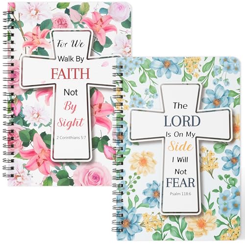 Xqumoi 2Pack A5 Floral Cross Religious Spiral Notebooks - Bible Verses Writing Notebooks, Ruled Lined Journal, Inspirational Christian Christmas Gift, Sunday School Supply (Pink & Blue) - style: D-Pink Blue Floral