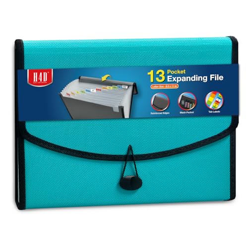 H4D 13-Pocket Accordion File Organizer, Expanding File Folder, Teal | Extra Back Mesh Pocket, Letter Size Paper, Pre-Printed and Customizable Labels, Expandable Document Organizer - color: Teal
