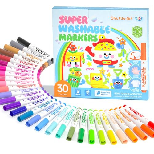 Shuttle Art Super Washable Markers, 30 Colors Broad Line Conical Tip Markers for Kids, Ultra Clean Coloring Book Marker Set, Home Classroom School Supplies for Toddlers Kids Adults Students Teachers