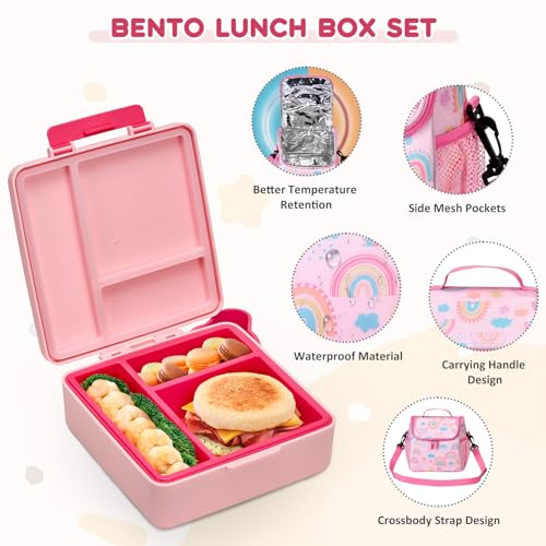 Pawtong Lunch Box Set with Bento Box Container, 17OZ Stainless Steel Food Soup Thermo, Kids Water Bottle & Portable Insulated Lunch Bag – Leakproof, Hot/Cold Retention for School, Travel(Pink-Rainbow) - color: Pink-Rainbow
