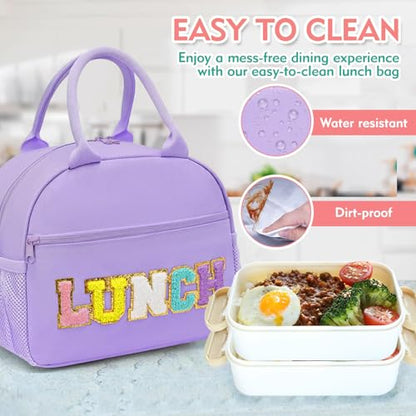 Lunch Bag for Girls and Women, Cute Preppy Lunch Bag with Chenille Letters, Insulated Large Capacity Lunch Tote with Detachable Strap for School, Work & Picnic, Purple - color: Purple