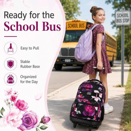 3Pcs Rolling Backpack for Girls Women, Travel Roller Backpacks with Wheels for Adults, Teens College Rose Wheeled Bookbag with Lunch Box(Black) - color: Rose Black