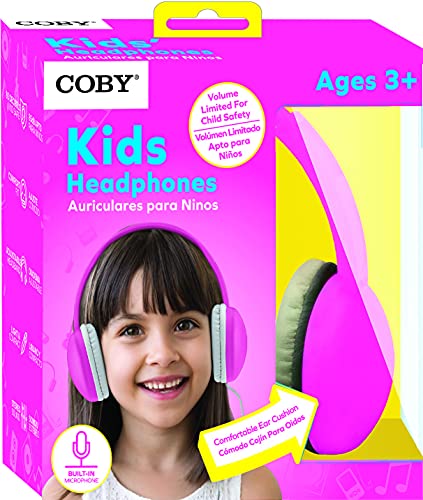 Coby Wired Kids’ Headphones, Over-Ear Headphones with 3.5-Millimeter Jack and Soft Cushions for School, Learning, and Travel, 85 dB Volume Limit, Built-in Microphone, Adjustable Headband, Pink - color: PINK