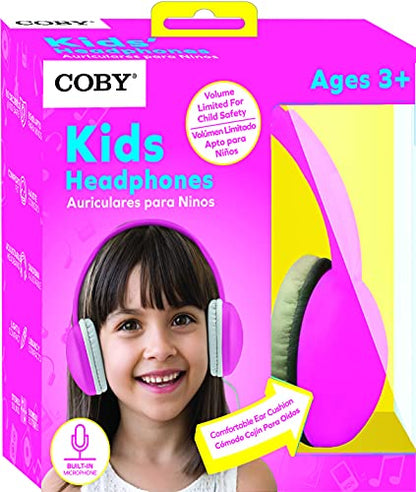 Coby Wired Kids’ Headphones, Over-Ear Headphones with 3.5-Millimeter Jack and Soft Cushions for School, Learning, and Travel, 85 dB Volume Limit, Built-in Microphone, Adjustable Headband, Pink - color: PINK