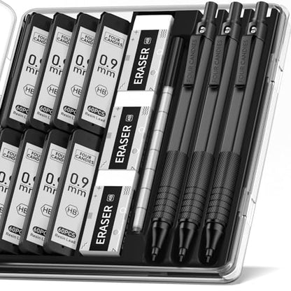 Four Candies 0.9mm Mechanical Pencil Set with Case, 3PCS Metal Artist Lead Pencil with 8 Tubes (480PCS) HB Lead Refills, 3 Erasers, 9 Eraser Refills For Engineer Art Writing Drafting, Black - color: Black, style: 0.9 MM