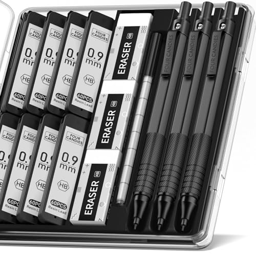 Four Candies 0.9mm Mechanical Pencil Set with Case, 3PCS Metal Artist Lead Pencil with 8 Tubes (480PCS) HB Lead Refills, 3 Erasers, 9 Eraser Refills For Engineer Art Writing Drafting, Black - color: Black, style: 0.9 MM
