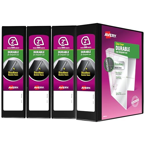 Avery Durable View 3 Ring Binder, 2 Inch Slant Rings, 4 Black Binders (17031) - size: 2"
