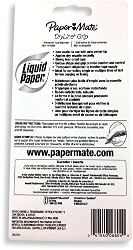Paper Mate 660415 Liquid Paper DryLine Grip Correction Tape Dispenser, Pack of 3; Transparent Green Body; 1/5 inches Wide x 27.8 feet Long White Tape; Applies Dry, Rewrite Instantly; Swivel Tip - size: 1 Count (Pack of 3)