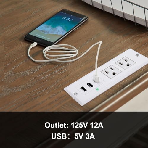 Desk Power Strip with USB Recessed Mounted Desktop Power Outlet 2 Outlets 3 USB Ports (15W/3A) Flat Power Plug, Charge Station for Table Cabinet Sofa Counter - color: White